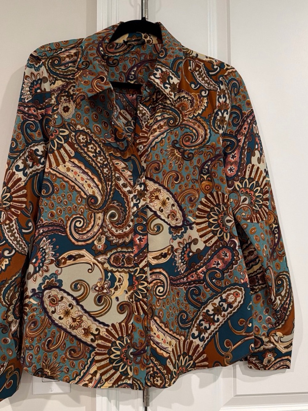 Current Air Women's Paisley Button-Up Blouse in Teal, Brown, Cream